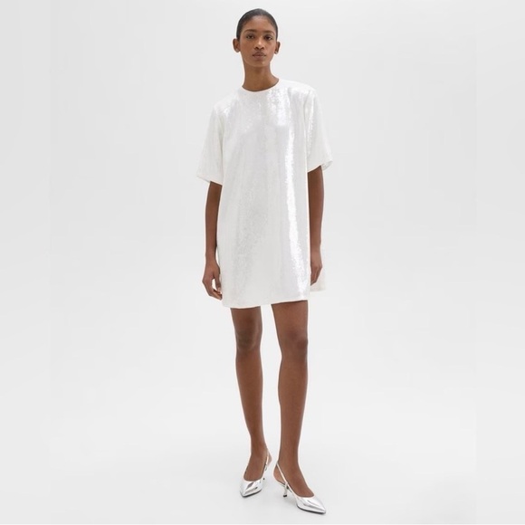 Theory Sequin T-Shirt Mini Dress Oversized White Small Chic Holiday Bridal Party - Picture 1 of 16